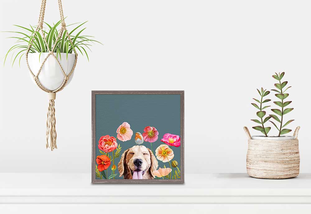 Dogs And Birds - Golden Retriever Mini Framed Canvas