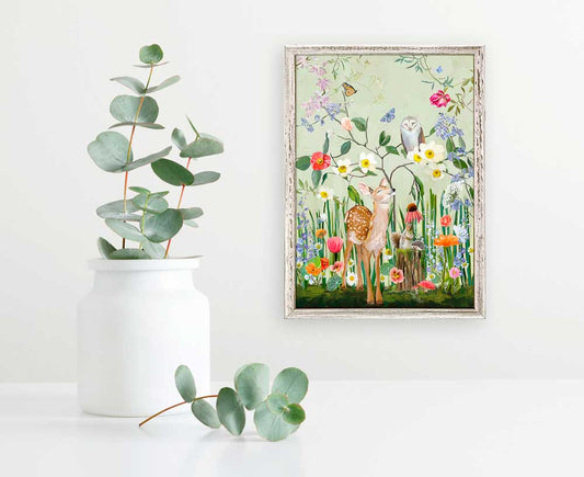 Springtime Friends - Fawn And Owl Mini Framed Canvas