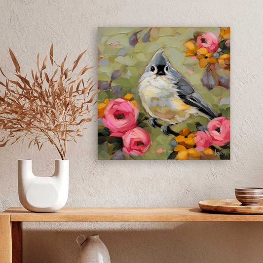 Tufted Titmouse On Green Canvas Wall Art
