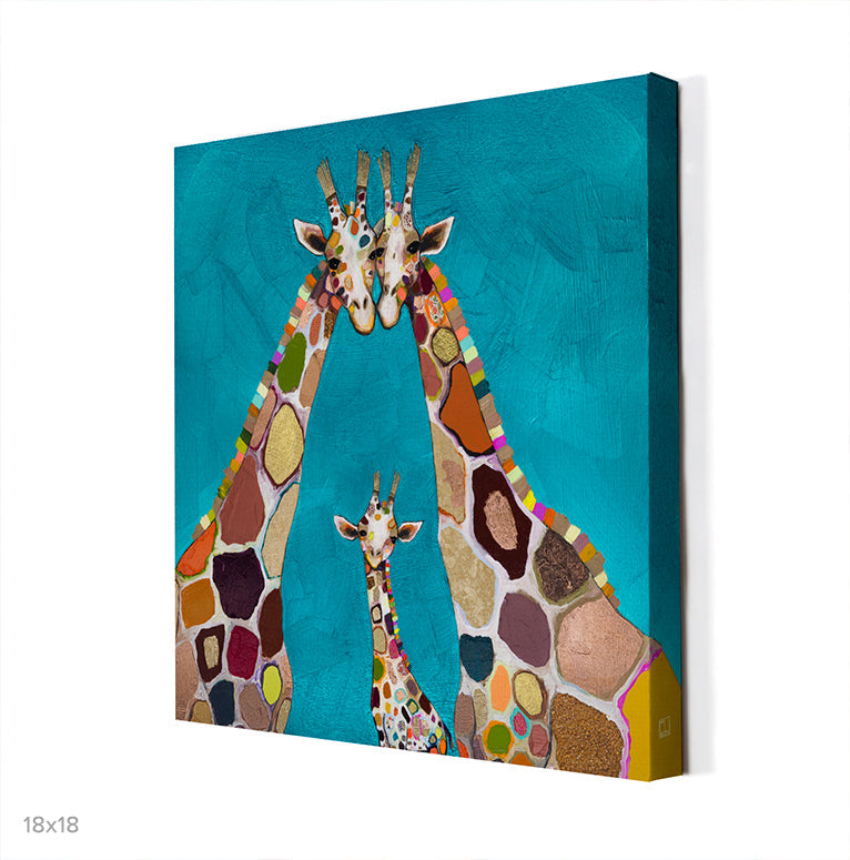 Giraffe Family In Turquoise Canvas Wall Art