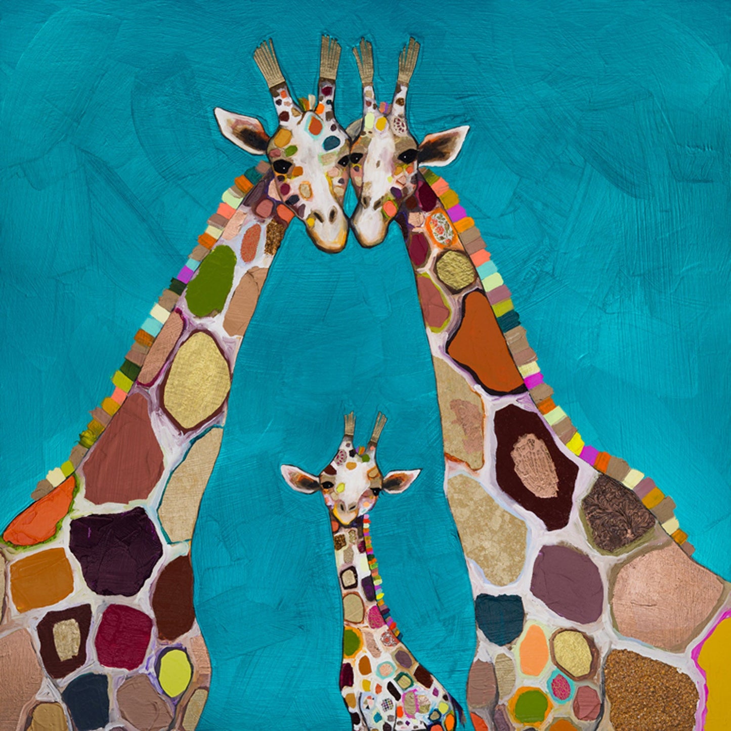 Giraffe Family In Turquoise Canvas Wall Art