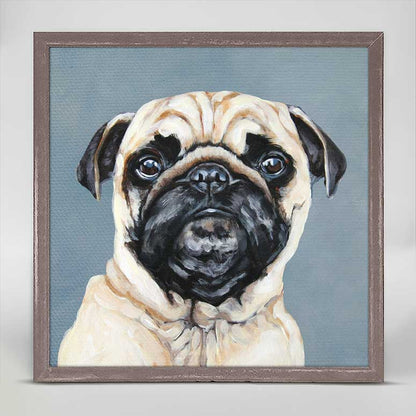 Pug On Blue Mini Framed Canvas