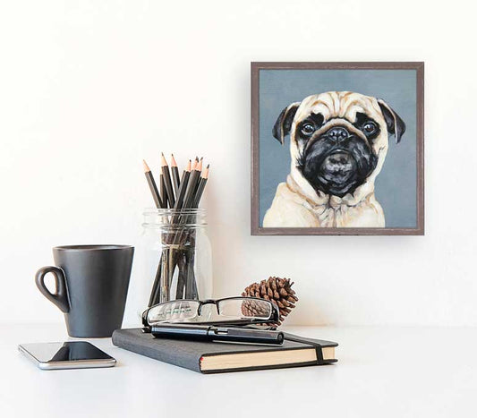 Pug On Blue Mini Framed Canvas