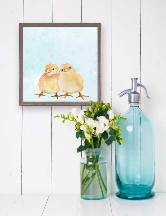 Two Chicks On Blue Mini Framed Canvas
