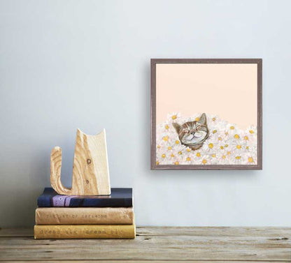 Feline Friends - Happy As A Cat In Daisies Mini Framed Canvas