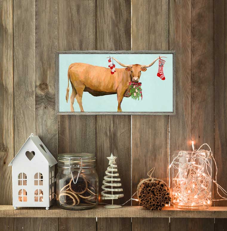 Holiday - Festive Longhorn Embellished Mini Framed Canvas
