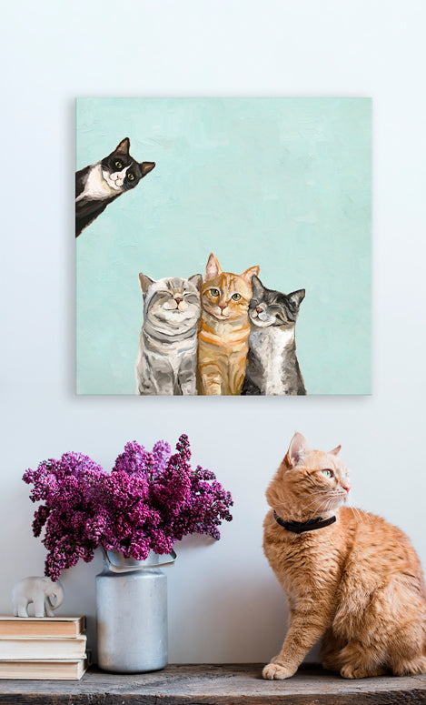 Feline Friends - Three Cats Plus One - Aqua Canvas Wall Art