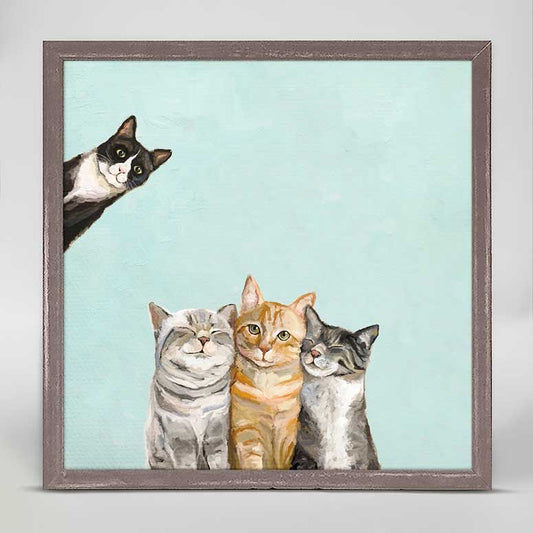 Feline Friends - Three Cats Plus One - Aqua Mini Framed Canvas