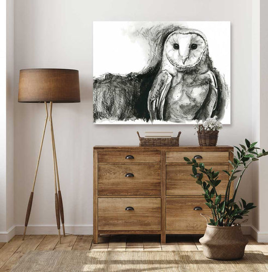 Avian Spotlight - Charcoal Owl Canvas Wall Art - GreenBox Art