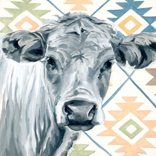 Aztec Black And White Cow Canvas Wall Art - GreenBox Art