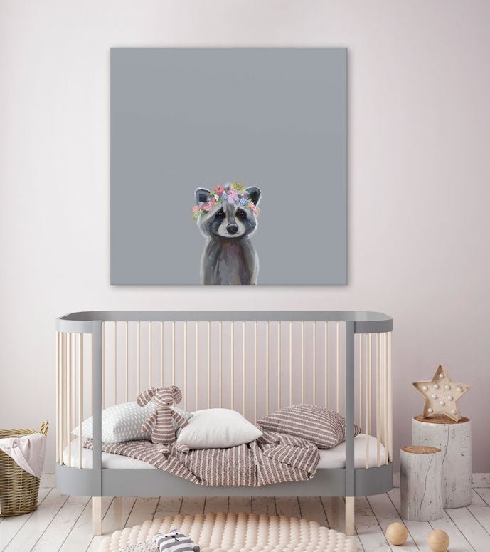 Baby Raccoon With Flowers Canvas Wall Art - GreenBox Art