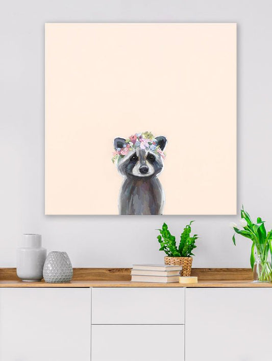 Baby Raccoon With Flowers - Cream Canvas Wall Art - GreenBox Art