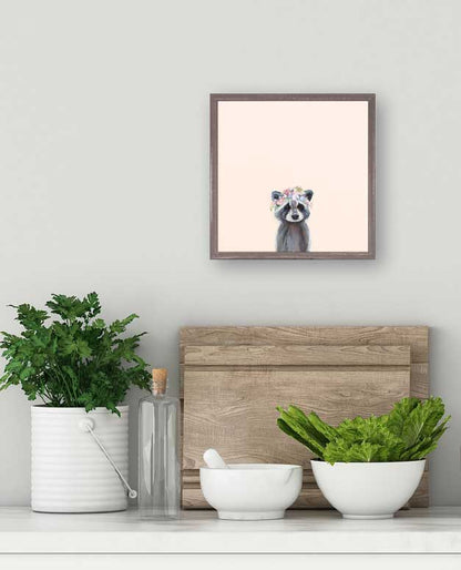 Baby Raccoon With Flowers - Cream Mini Framed Canvas - GreenBox Art