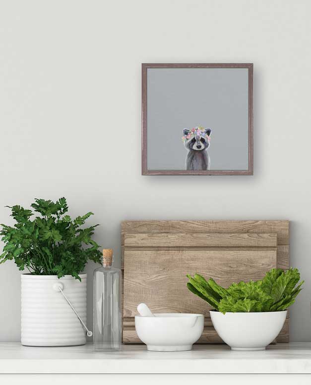 Baby Raccoon With Flowers Mini Framed Canvas - GreenBox Art