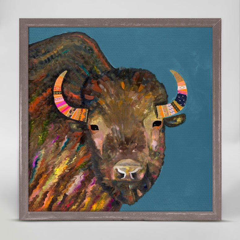 Bison With Ribbons In Her Hair - Blue Mini Framed Canvas - GreenBox Art