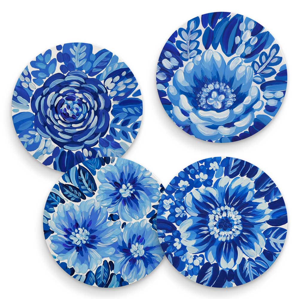 Blue And White Flower Garden - Set of 4 Coaster Set - GreenBox Art