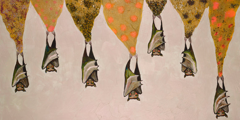 Bats On Sparkly Stalactites - Cream Canvas Wall Art