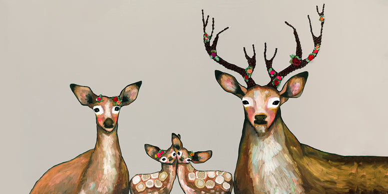 Flower Deer Family Canvas Wall Art - GreenBox Art