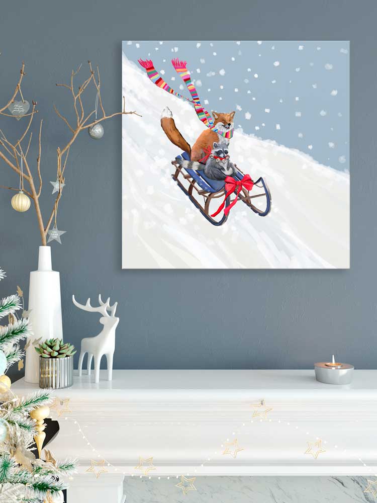 Holiday - Sledding Fox And Raccoon Canvas Wall Art - GreenBox Art