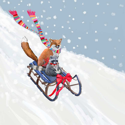 Holiday - Sledding Fox And Raccoon Canvas Wall Art - GreenBox Art