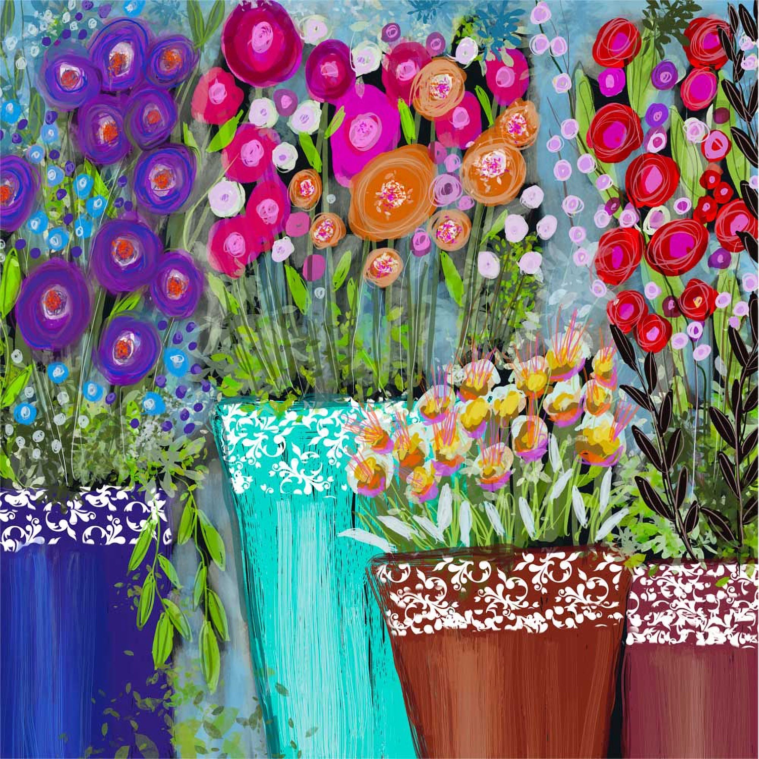 Cheerful Flower Pots Canvas Wall Art - GreenBox Art