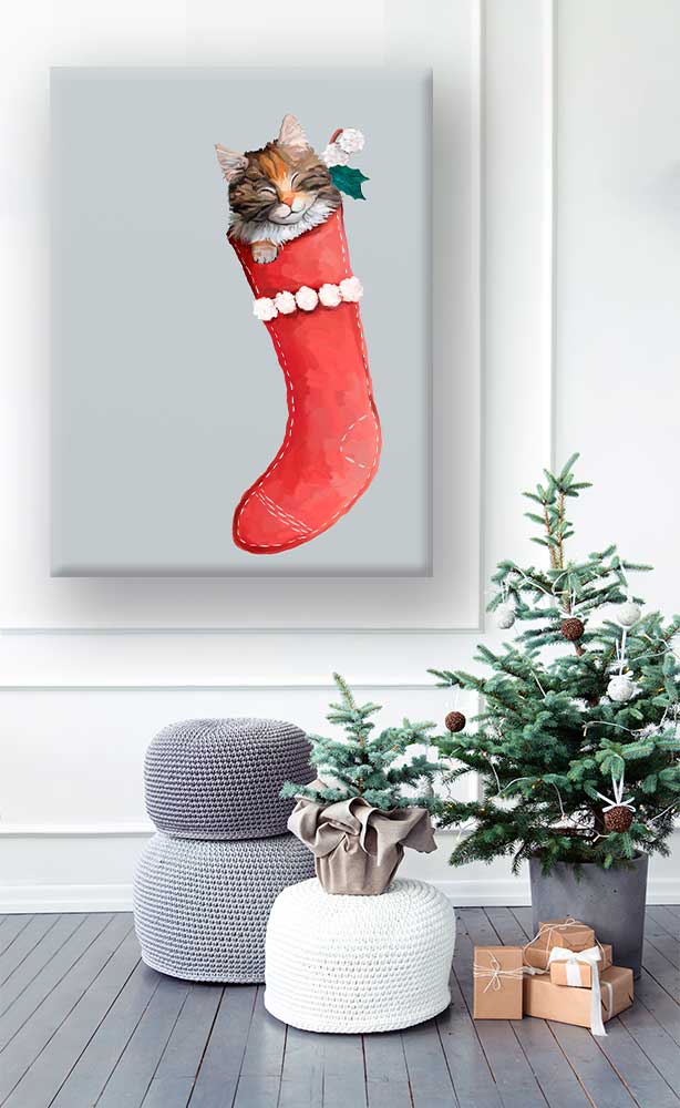 Holiday - Cat In Stocking 1 Canvas Wall Art - GreenBox Art