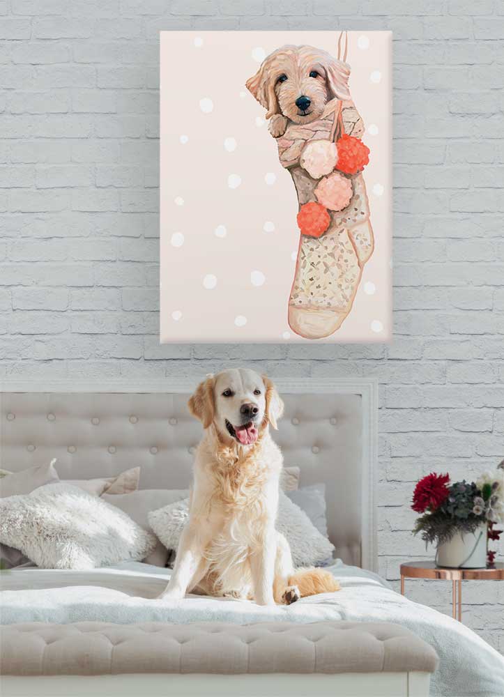 Holiday - Golden Doodle Pup In Stocking Canvas Wall Art - GreenBox Art