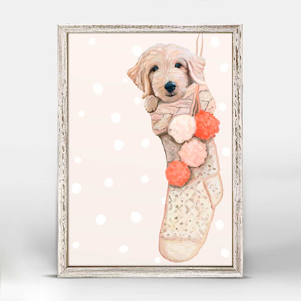 Holiday - Golden Doodle Pup In Stocking Mini Framed Canvas