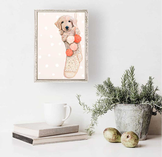 Holiday - Golden Doodle Pup In Stocking Mini Framed Canvas - GreenBox Art