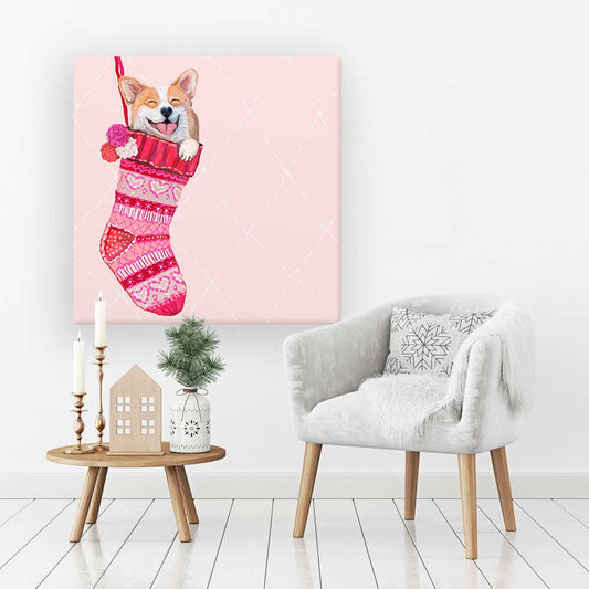 Holiday - Corgi In Stocking Canvas Wall Art - GreenBox Art