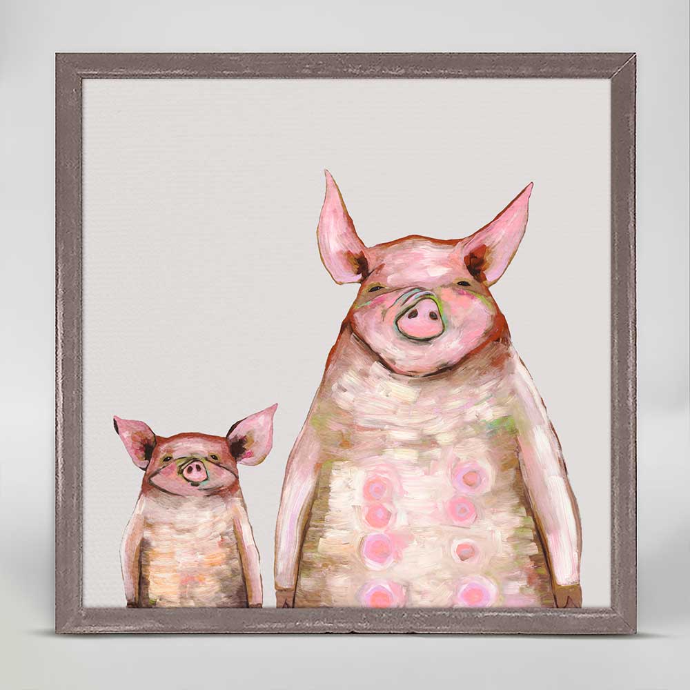 Two Piggies In A Row - Soft Gray Mini Framed Canvas - GreenBox Art