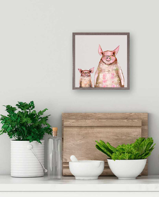 Two Piggies In A Row - Soft Gray Mini Framed Canvas - GreenBox Art