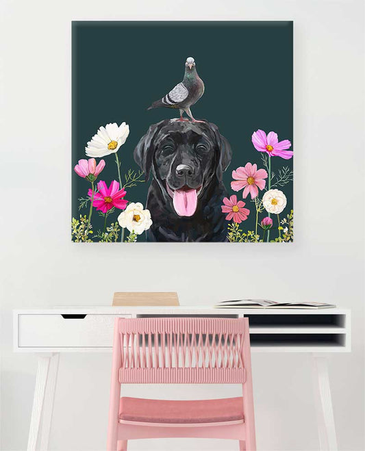 Dogs And Birds - Black Lab Canvas Wall Art - GreenBox Art