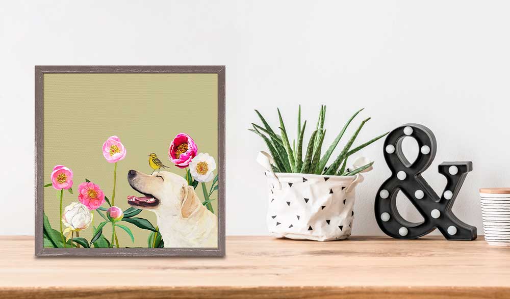 Dogs And Birds - Yellow Lab Mini Framed Canvas