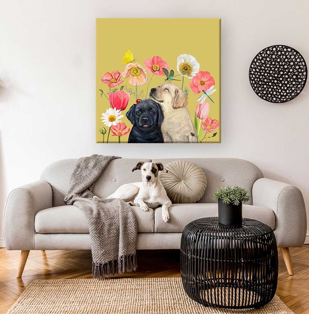 Pups And Bugs - Black And Yellow Labs Canvas Wall Art - GreenBox Art