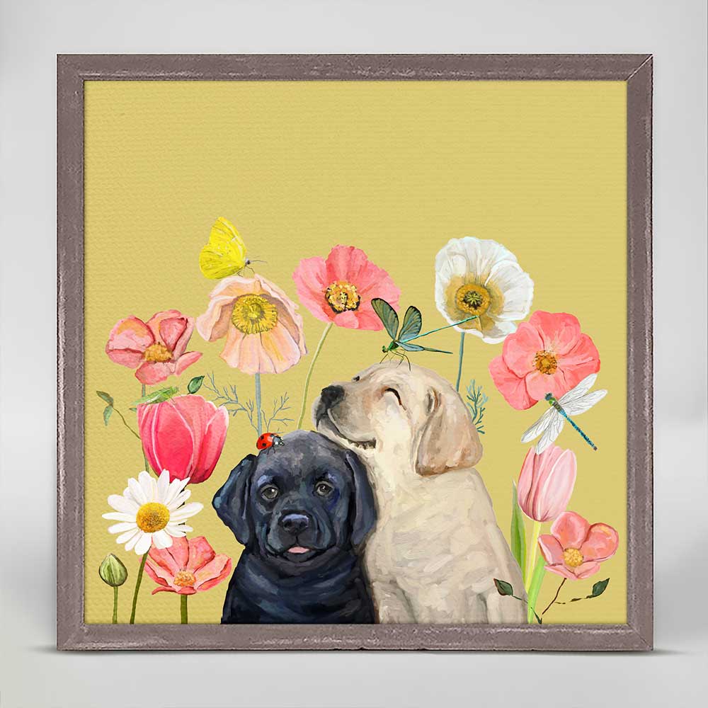 Pups And Bugs - Black And Yellow Labs Mini Framed Canvas