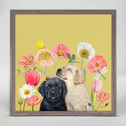 Pups And Bugs - Black And Yellow Labs Mini Framed Canvas