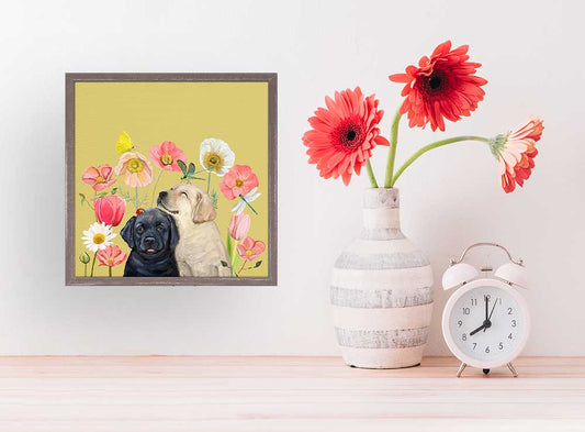 Pups And Bugs - Black And Yellow Labs Mini Framed Canvas