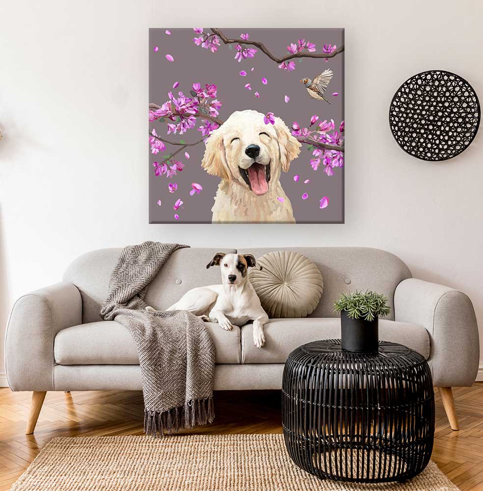 Dogs And Birds - Golden Retriever Pup Canvas Wall Art - GreenBox Art