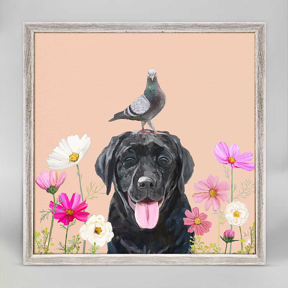 Dogs And Birds - Black Lab - Pastel Mini Framed Canvas - GreenBox Art