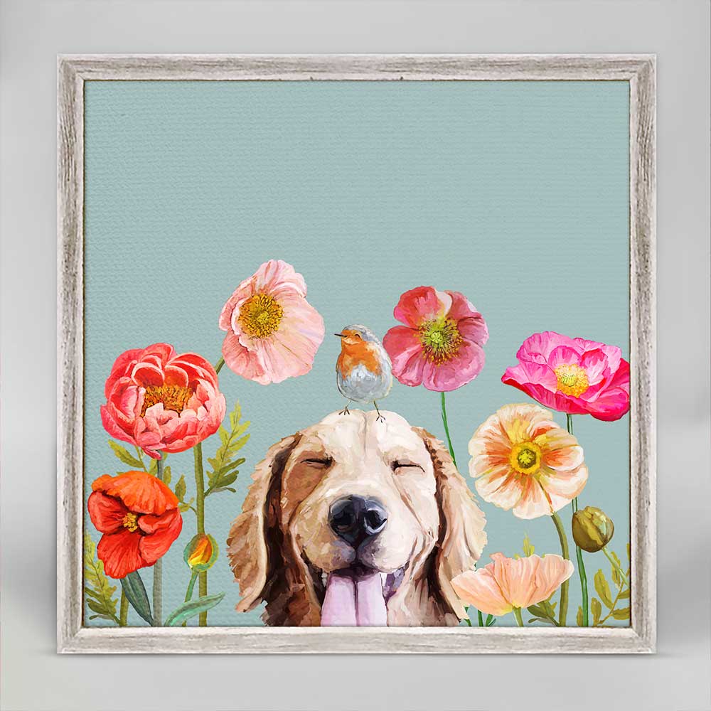 Dogs And Birds - Golden Retriever - Pastel Mini Framed Canvas