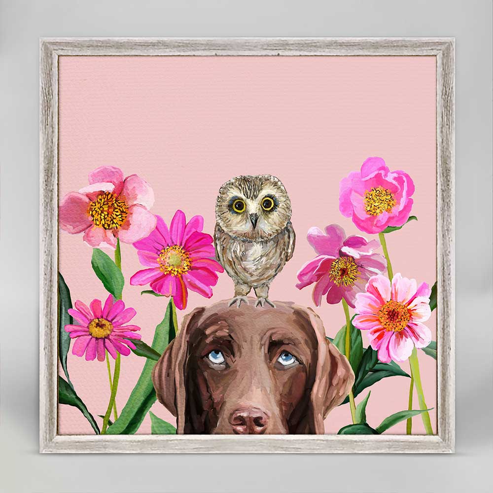 Dogs And Birds - Chocolate Lab - Pastel Mini Framed Canvas - GreenBox Art