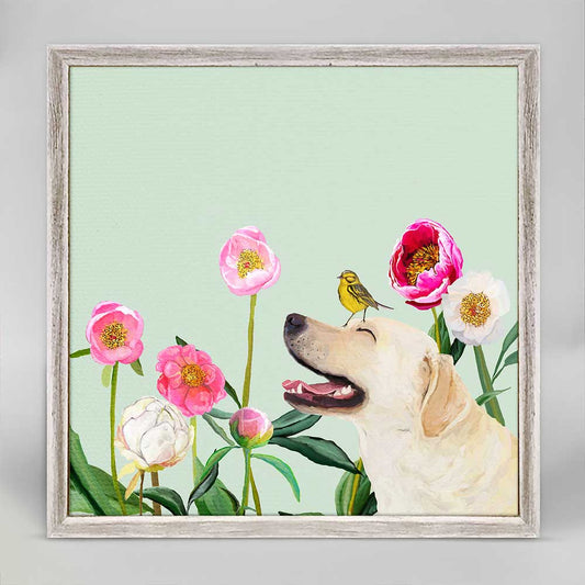 Dogs And Birds - Yellow Lab - Pastel Mini Framed Canvas - GreenBox Art