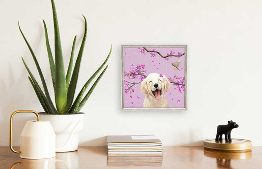 Dogs And Birds - Golden Retriever Pup - Pastel Mini Framed Canvas - GreenBox Art