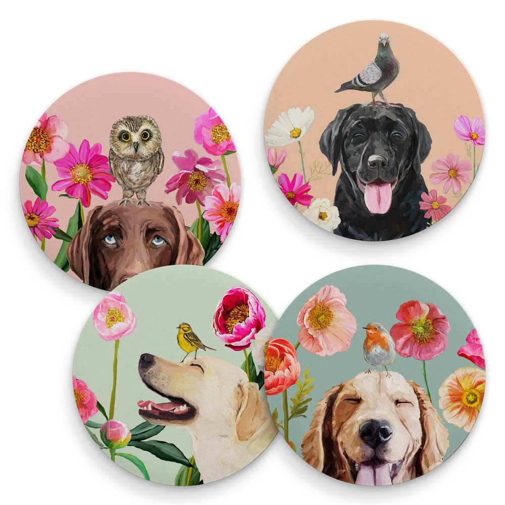 Dogs And Birds - Set of 4 Coaster Set - GreenBox Art