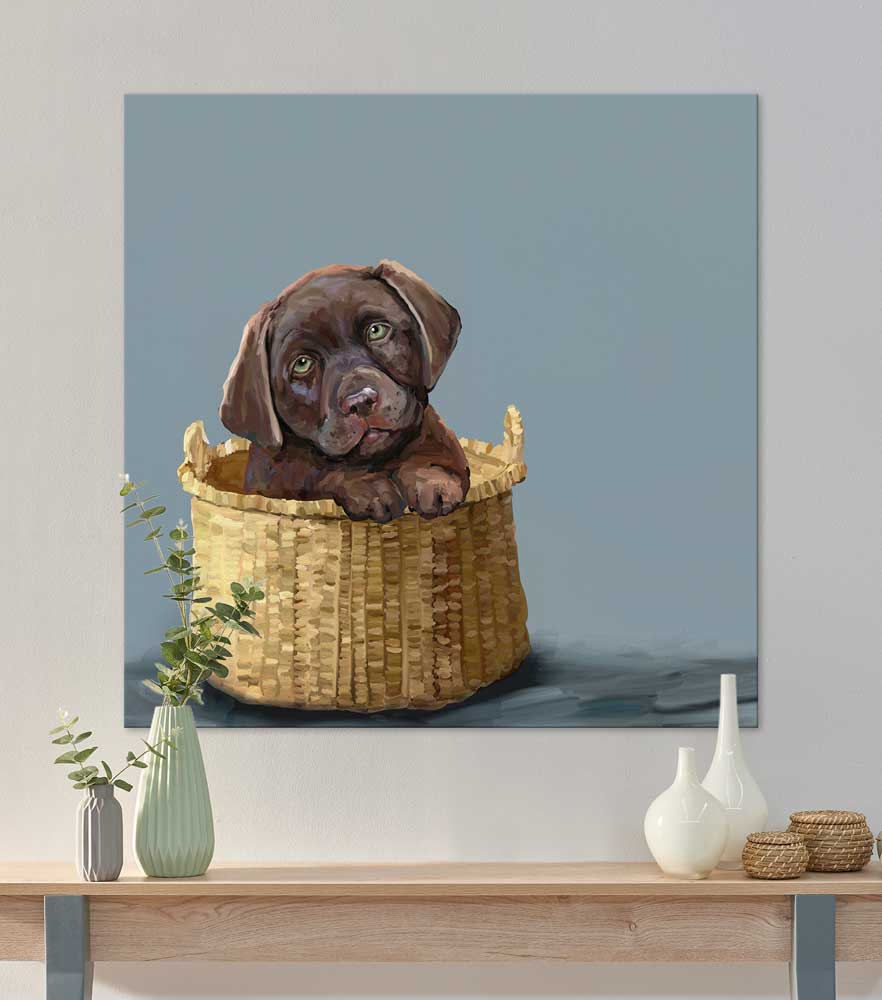 Chocolate Pup In A Basket Canvas Wall Art - GreenBox Art