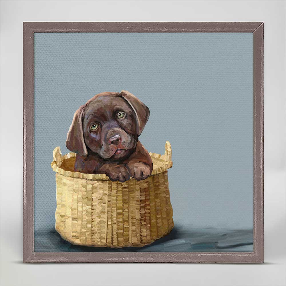 Chocolate Pup In A Basket Mini Framed Canvas - GreenBox Art