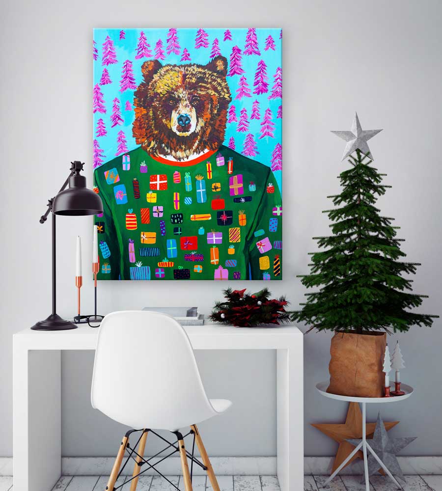 Holiday - Festive Bear Canvas Wall Art - GreenBox Art