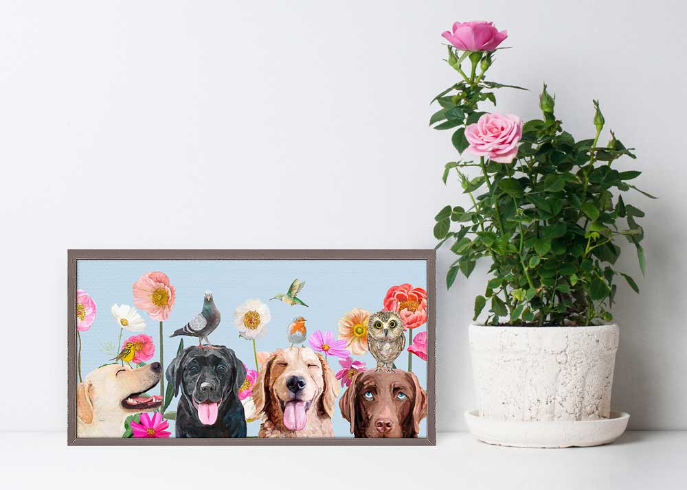 Dogs And Birds Mini Framed Canvas