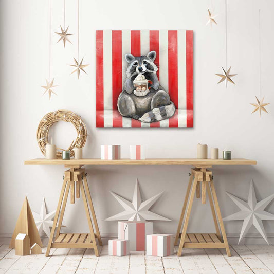 Holiday - Hot Cocoa Raccoon Canvas Wall Art - GreenBox Art